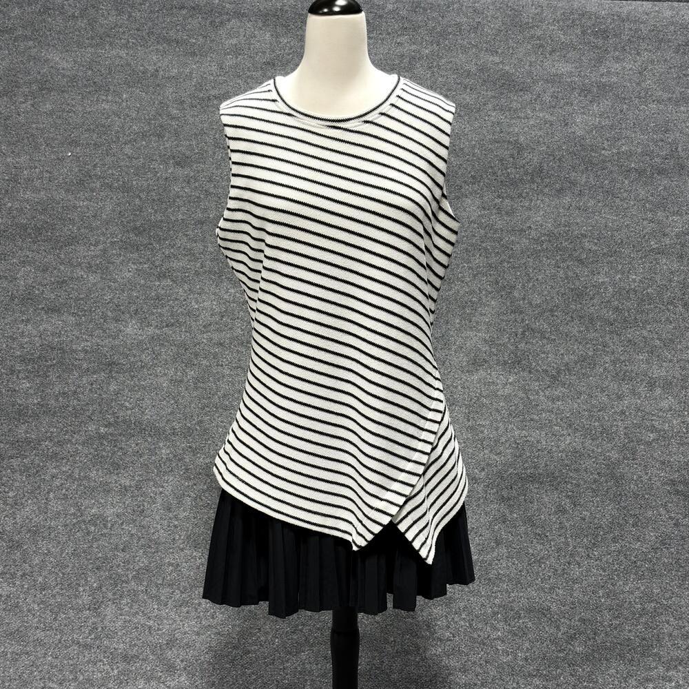 Tanya Taylor Shirt Womens XL Black White Stripe Sleeveless Asymmetrical Hem